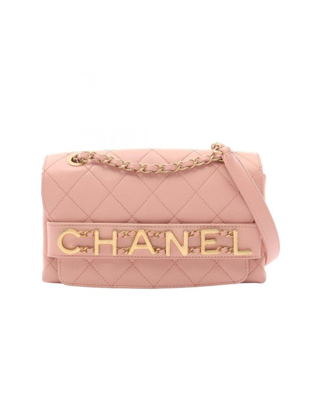 Chanel Shoulder Bag Quilted Logo Pink Lambskin Chain